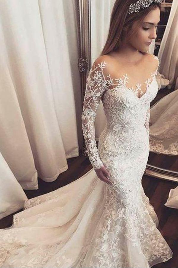 Mermaid Ivory Lace  Sweep/Brush Train Scoop Long Sleeve Wedding Dress