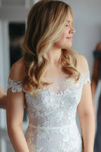 Mermaid Off-the-Shoulder Court Train Tulle Wedding Dress with Appliques