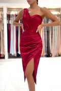 Mermaid One Shoulder Satin Short Prom Dress with slit
