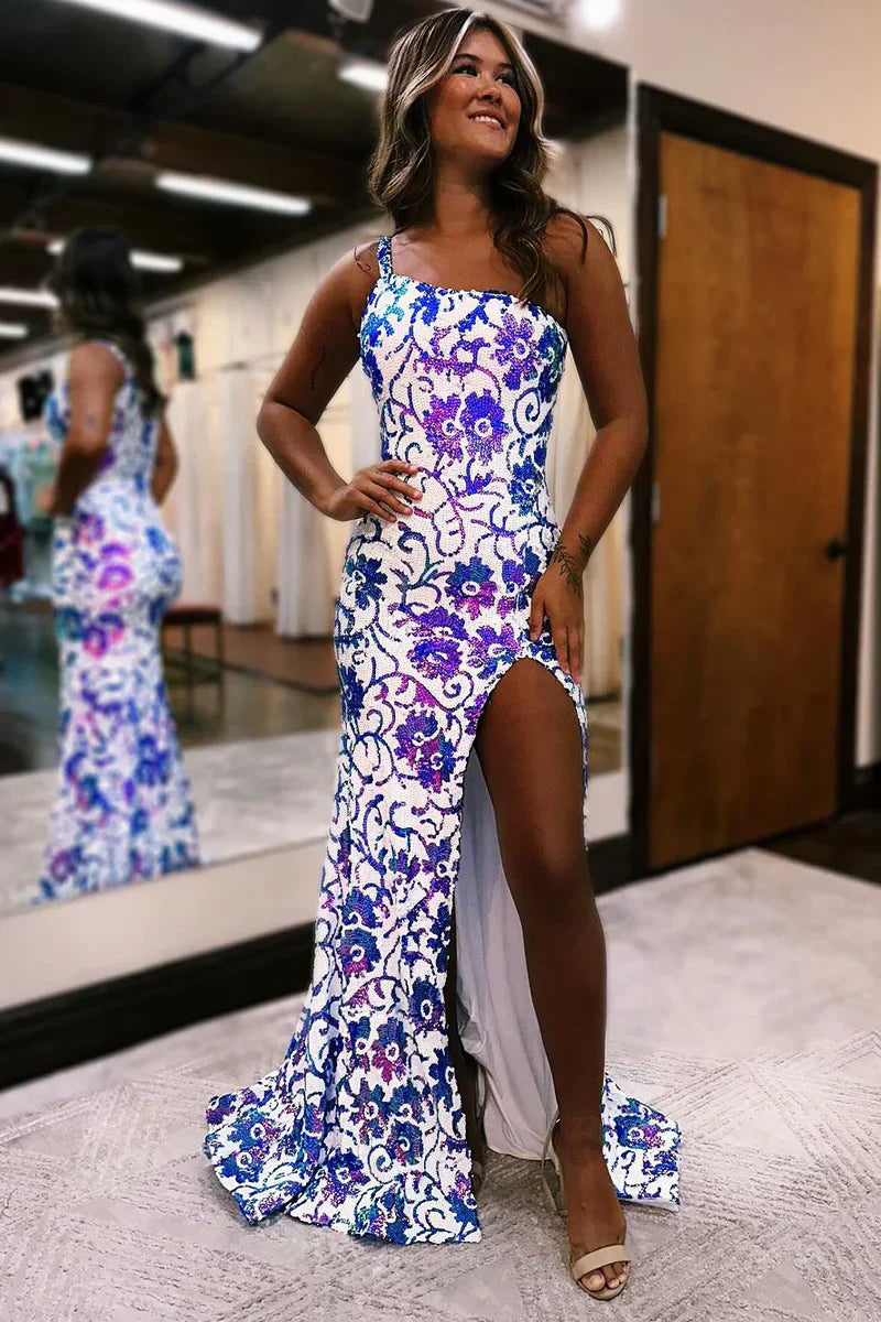 One Shoulder Sequin Appliques Long Prom Dresses with Slit