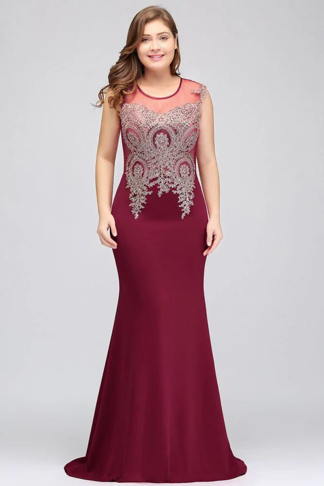 Mermaid Scoop Floor Length Plus size Sleeveless Appliques Burgundy Evening Dresses