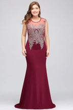 Mermaid Scoop Floor Length Plus size Sleeveless Appliques Burgundy Evening Dresses