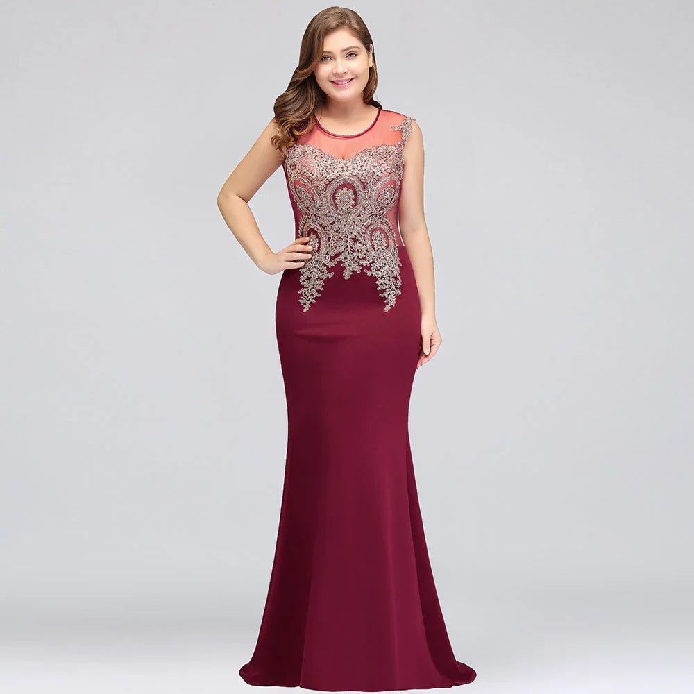 Mermaid Scoop Floor Length Plus size Sleeveless Appliques Burgundy Evening Dresses