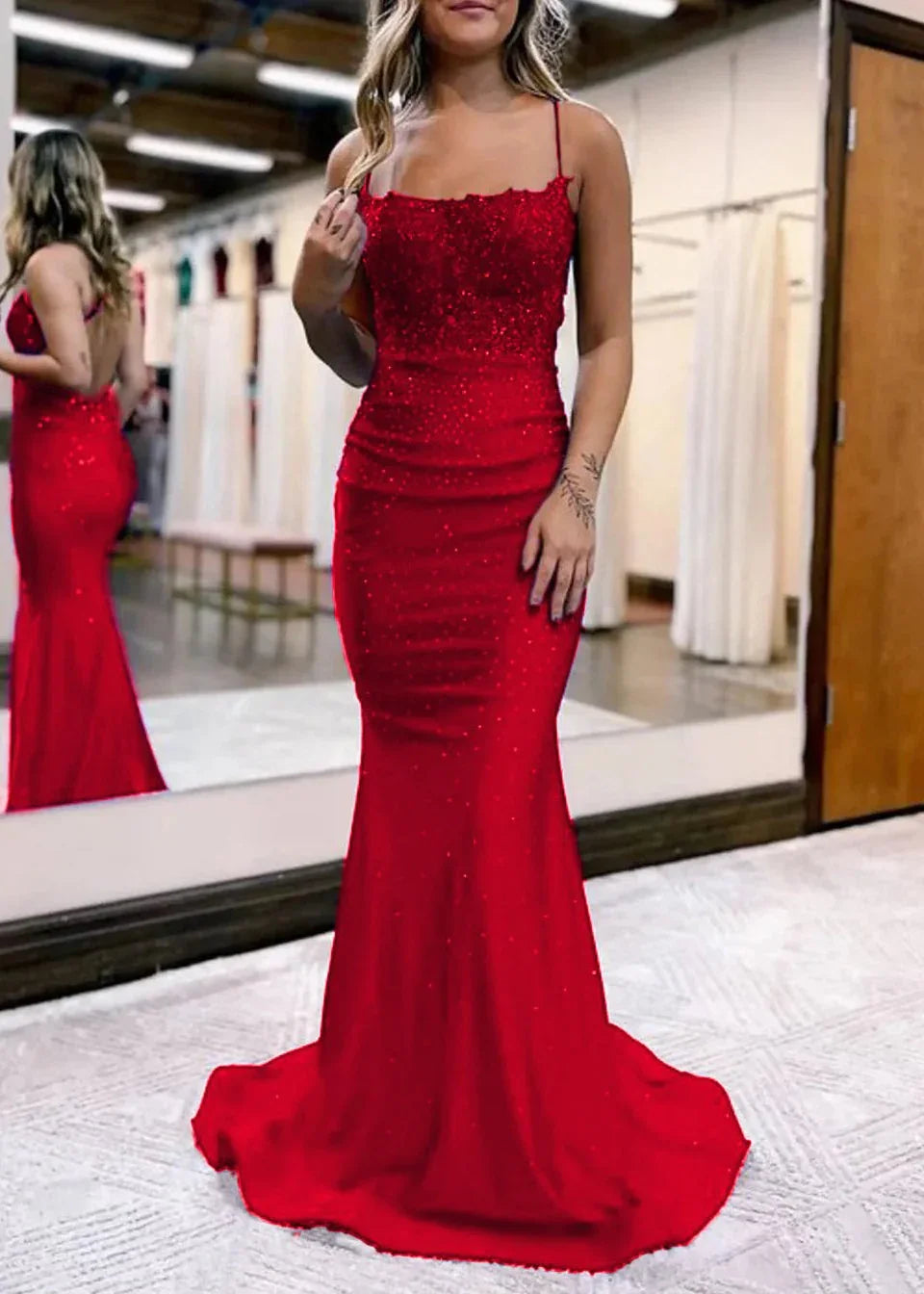 Jimena | Mermaid Spaghetti Straps Dark Green Long Prom Dress with Appliques