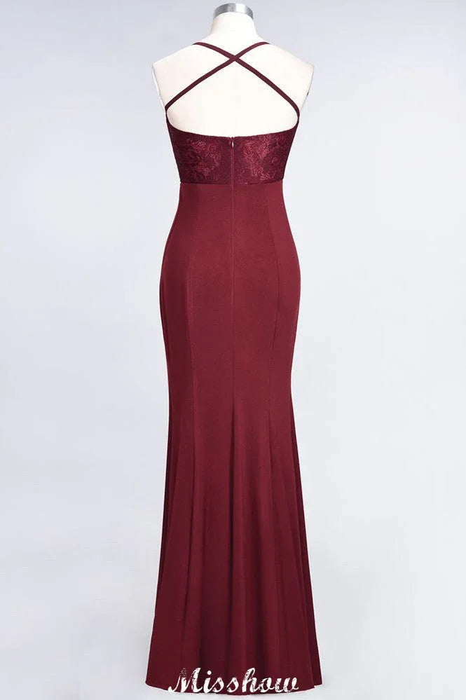 Mermaid spandex Lace Spaghetti-Straps Sleeveless Floor-Length Bridesmaid Dress