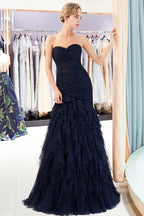 Mermaid Sweetheart Strapless Draped Tulle Long Evening Dress