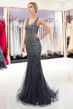 Mermaid V-neck Sleeveless Crystals Beading Long Evening Dresses