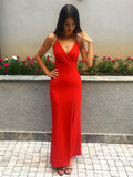 Mermaid V Neck Sleeveless Floor Length Red Long Prom Dresses with Split