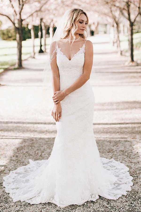 Mermaid V-Neck Sweep Train Sleeveless Lace Wedding Dress