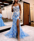 Aubrie |Mermaid Spaghetti Straps Lace Tulle Prom Dress with Slit