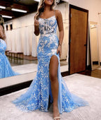 Aubrie |Mermaid Spaghetti Straps Lace Tulle Prom Dress with Slit