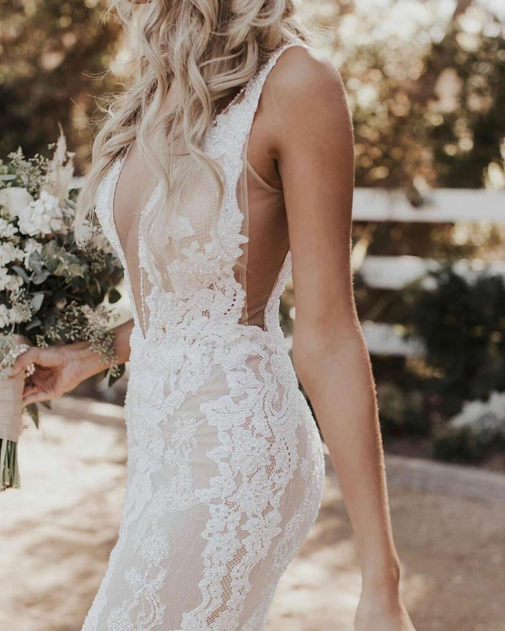 Mermaid/Trumpet Deep V-neck Lace Boho Wedding Dress Bridal Gown