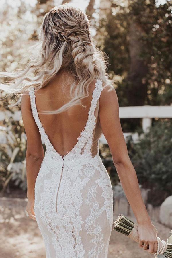 Mermaid/Trumpet Deep V-neck Lace Boho Wedding Dress Bridal Gown