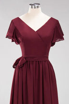 Elegant A-line V-Neck Short Sleeve Bridesmaid Dresses with Bow Sash Floor-Length Chiffon Evening Dress