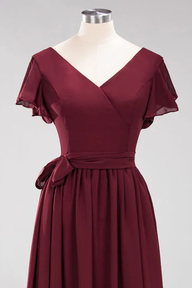 Elegant A-line V-Neck Short Sleeve Bridesmaid Dresses with Bow Sash Floor-Length Chiffon Evening Dress
