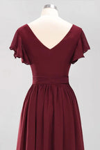 Elegant A-line V-Neck Short Sleeve Bridesmaid Dresses with Bow Sash Floor-Length Chiffon Evening Dress