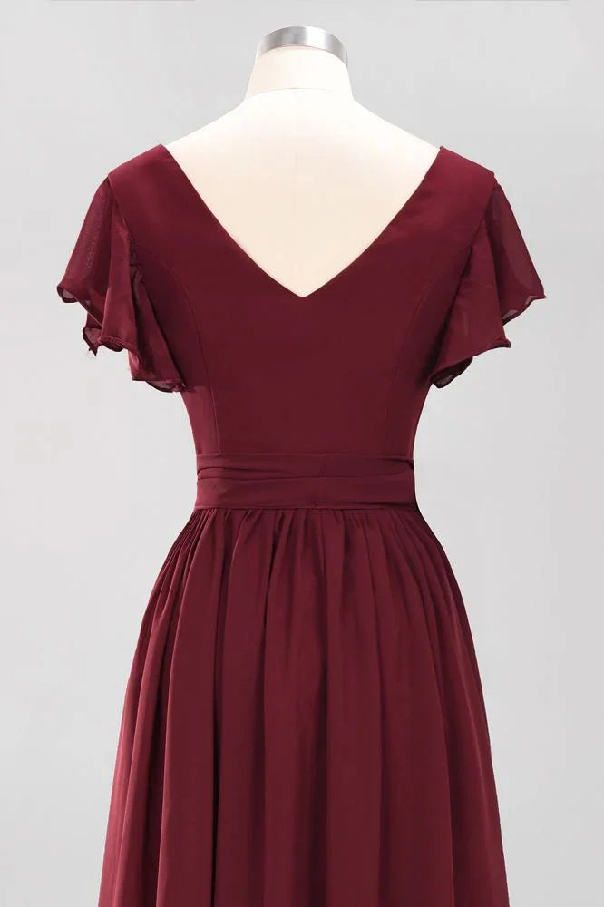 Elegant A-line V-Neck Short Sleeve Bridesmaid Dresses with Bow Sash Floor-Length Chiffon Evening Dress