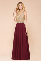 MisShow Women's Gold Appliques Evening Formal Dress Chiffon Lace Prom Long Ball Gown