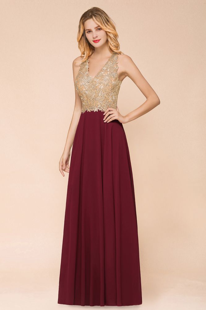 MisShow Women's Gold Appliques Evening Formal Dress Chiffon Lace Prom Long Ball Gown