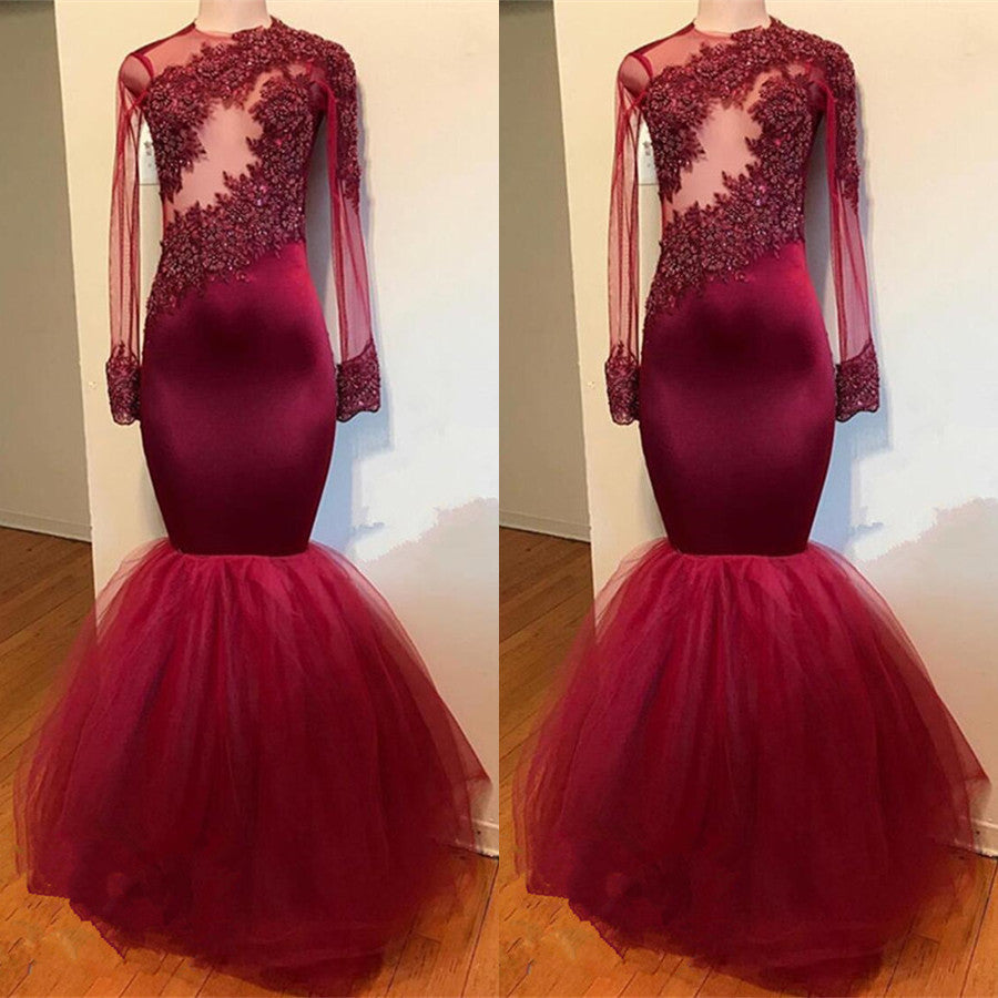 Modest Lace Appliques Long Sleeve Mermaid Prom Dress