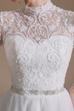 Modest Long A-line High Neck Tulle Lace Wedding Dresses with Sleeves