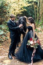 Modest Long A-line Princess Strapless Tulle Black Wedding Dress with Appliques Lace