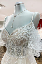 Modest Long A-line Sweetheart Tulle Lace Appliques Wedding Dress with Sleeves
