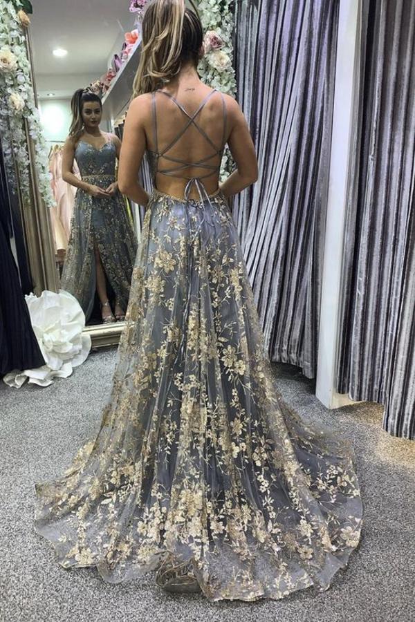 Modest Long A-line V-neck Open Back Tulle Prom Dress with slit