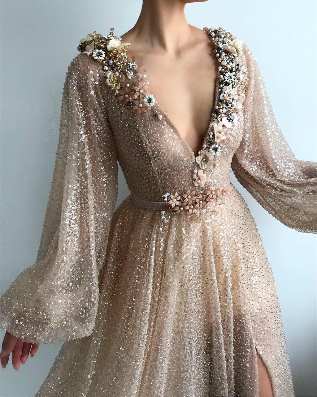 Modest Long A-line V-neck Sequined Prom Dress with Slit