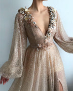 Modest Long A-line V-neck Sequined Prom Dress with Slit