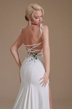 Modest Long Mermaid Satin Spaghetti Straps Open Back Wedding Dress with slit