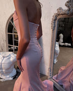 Modest Long Mermaid Strapless Satin Pink Prom Dress
