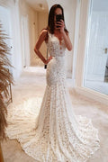 Modest Long Mermaid V-neck Open Back Lace Wedding Dress