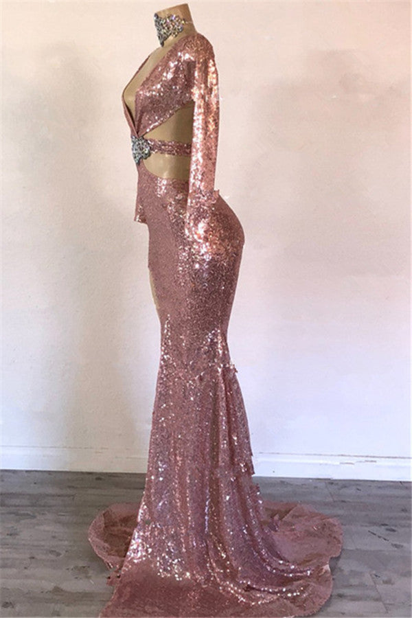 Modest Long Mermaid V-neck Sequined Front Slit Prom Dress with Sleeves
