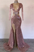 Modest Long Mermaid V-neck Sequined Front Slit Prom Dress with Sleeves