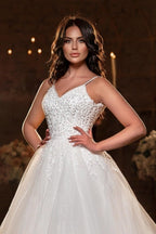 Modest Spaghetti Strap Sleevesless A-Line Floor-Length Tulle Wedding Dresses with Applique