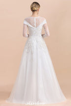 Modest White Beaded Appliques Wedding Dress Long Sleeve Floor Length Ball Gown
