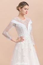 Modest White Beaded Appliques Wedding Dress Long Sleeve Floor Length Ball Gown