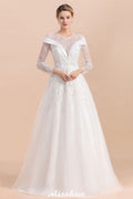 Modest White Beaded Appliques Wedding Dress Long Sleeve Floor Length Ball Gown