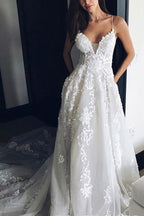 Deep V Neck Spaghetti Straps Beach Wedding Dress Bridal Gown