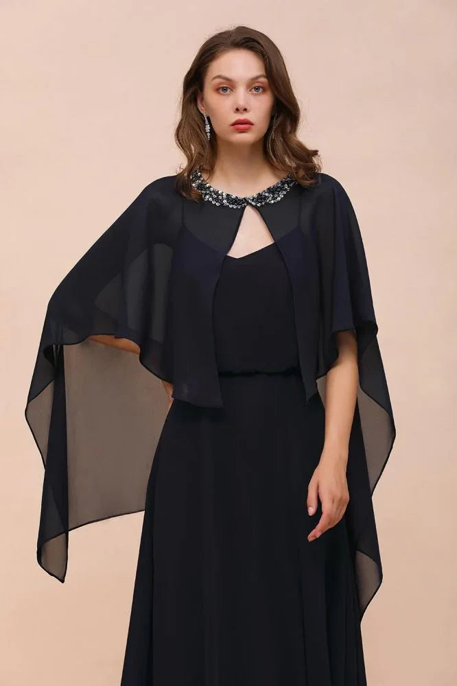 Navy Blue Bridesmaid Dress with Beading Wraps Floor Length Chiffon Maid of Honor Dress
