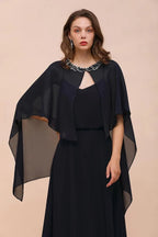 Navy Blue Bridesmaid Dress with Beading Wraps Floor Length Chiffon Maid of Honor Dress