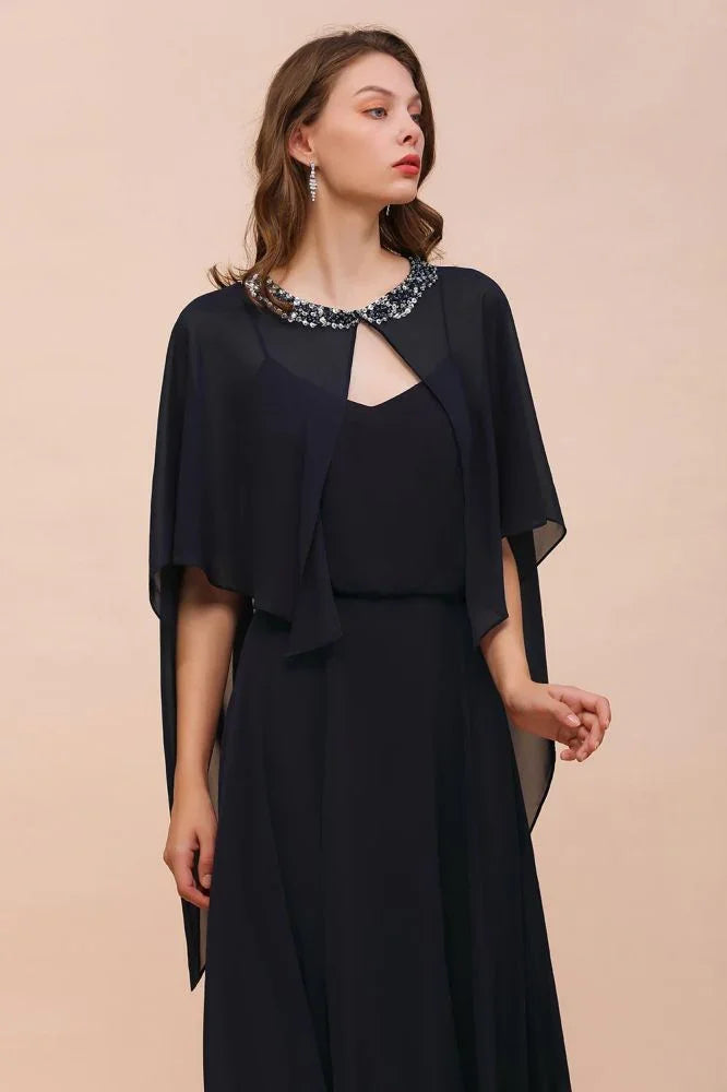 Navy Blue Bridesmaid Dress with Beading Wraps Floor Length Chiffon Maid of Honor Dress