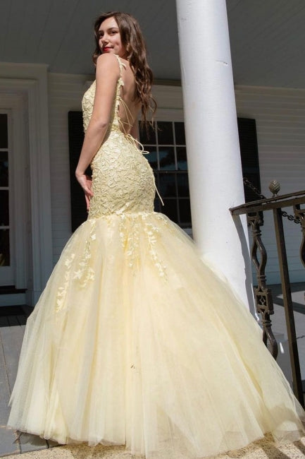 Nectarean Appliques Lace Square Neckline Spaghetti Straps Sleeveless Floor-length Mermaid Prom Dresses