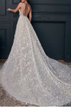 Nectarean V-Neck Sleeveless A-Line Floor-Length Lace Wedding Dresses with Chapel Train