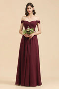 New Arrival A-line Off-the-shoulder Sweetheart Burgundy Long Bridesmaid Dress