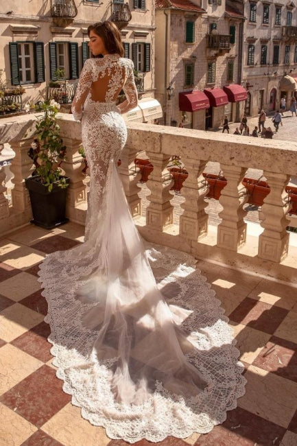 Noble highneck longsleeves mermaid lace Wedding dresses