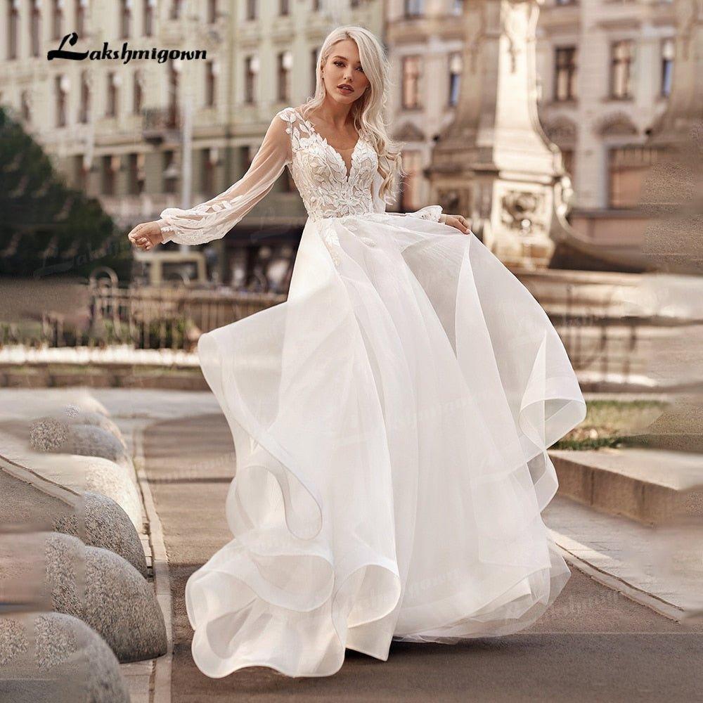 Boho Princess A-Line Wedding Dresses V Neck Longue Long Lantern Sleeve Robe De Soiree Simple Beach Wedding Gown Vestidos De Noiv