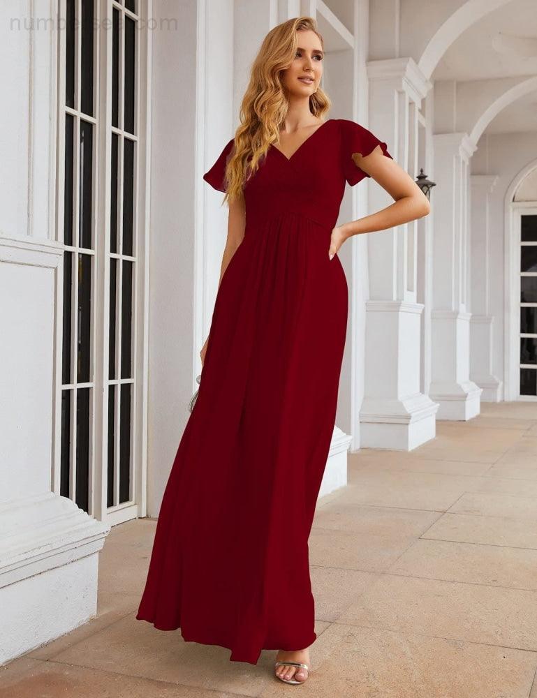 Chiffon Bridesmaid Dress Cap Sleeves Maxi Prom Gowns Party Wedding Mother of The Bride Dresses for Women SEA28047