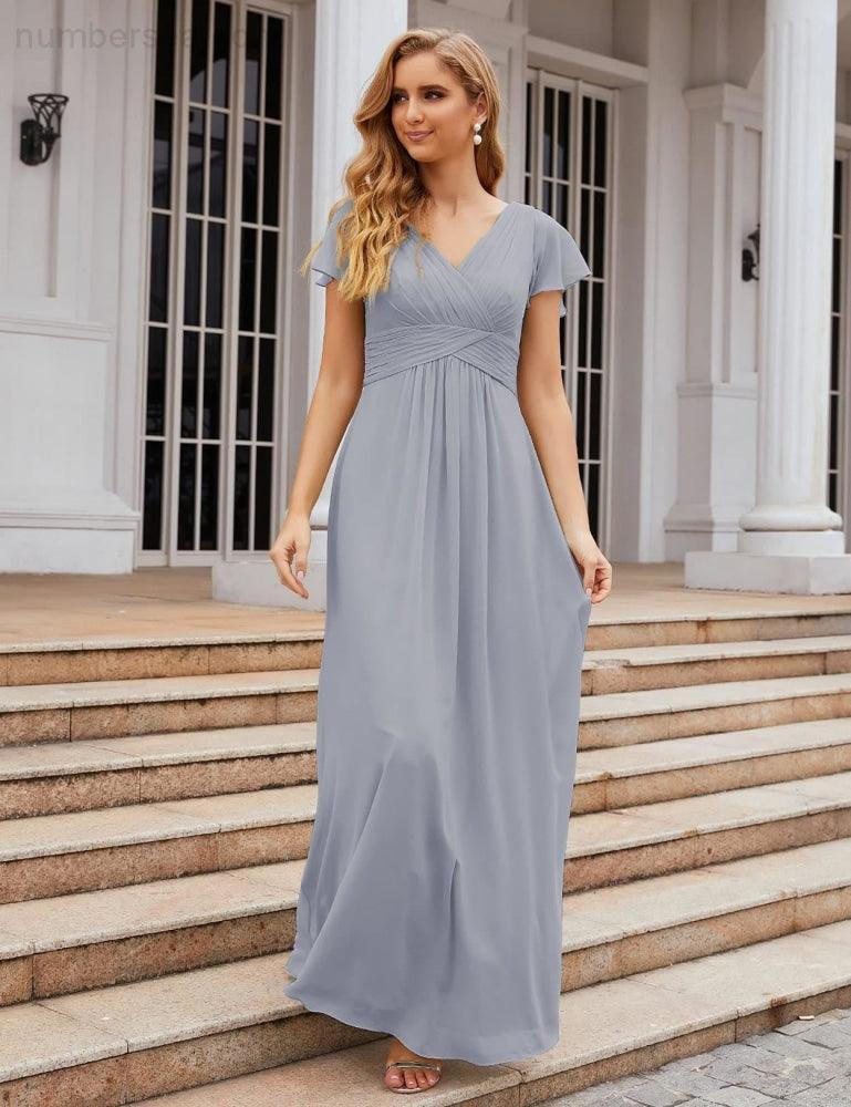 Chiffon Bridesmaid Dress Cap Sleeves Maxi Prom Gowns Party Wedding Mother of The Bride Dresses for Women SEA28047